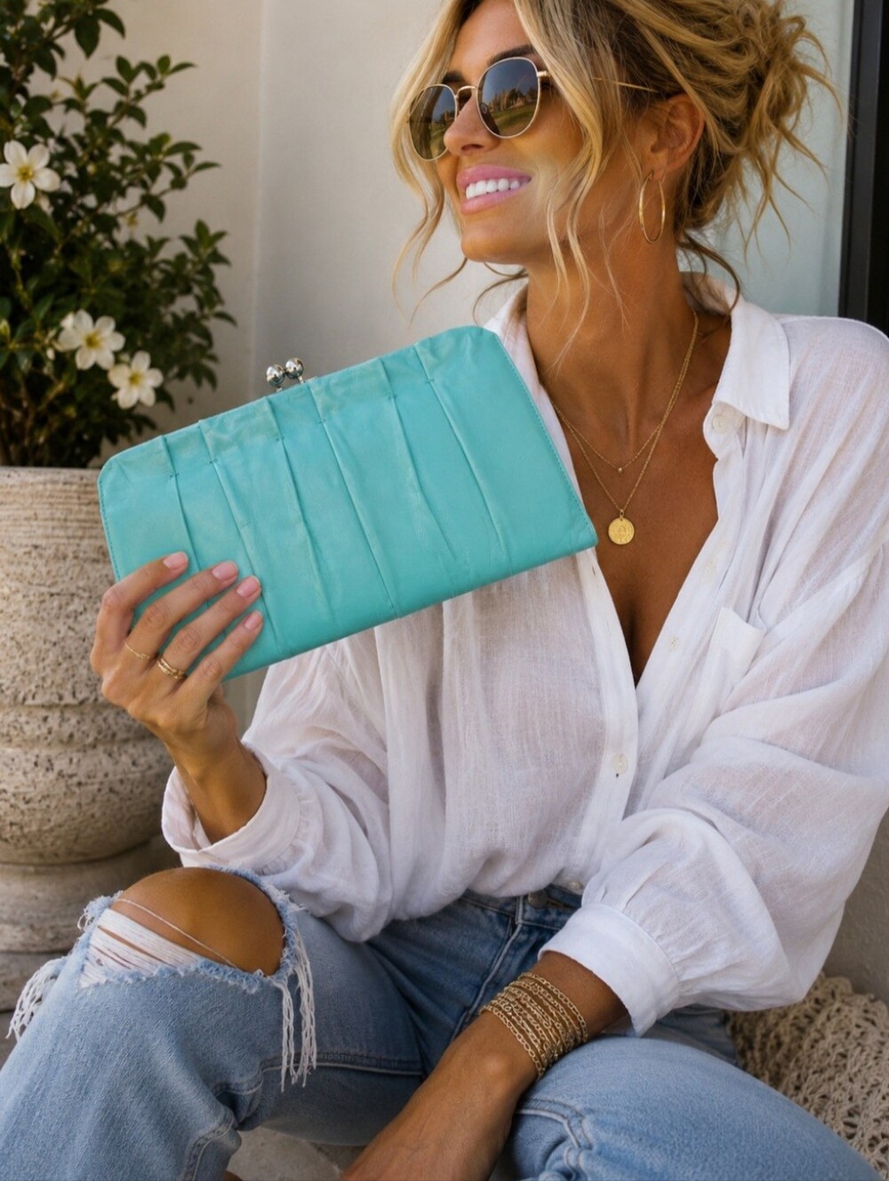 HOBO International Allison Turquoise Pleated Leather Clutch